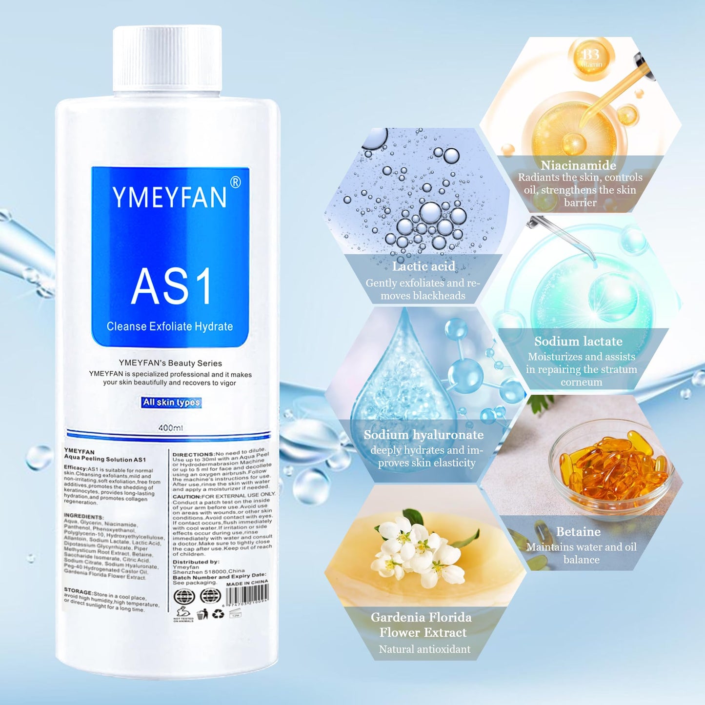 YMEYFAN AS1 SA2 AO3 Aqua Peeling Solution(English Ver.), Hydro Facial Solution for Hydrogen Oxygen Facial Machine Professional, Hydrating Serums for Facial Cleansing, Nourishing, Exfoliate(400ml/3Pcs)