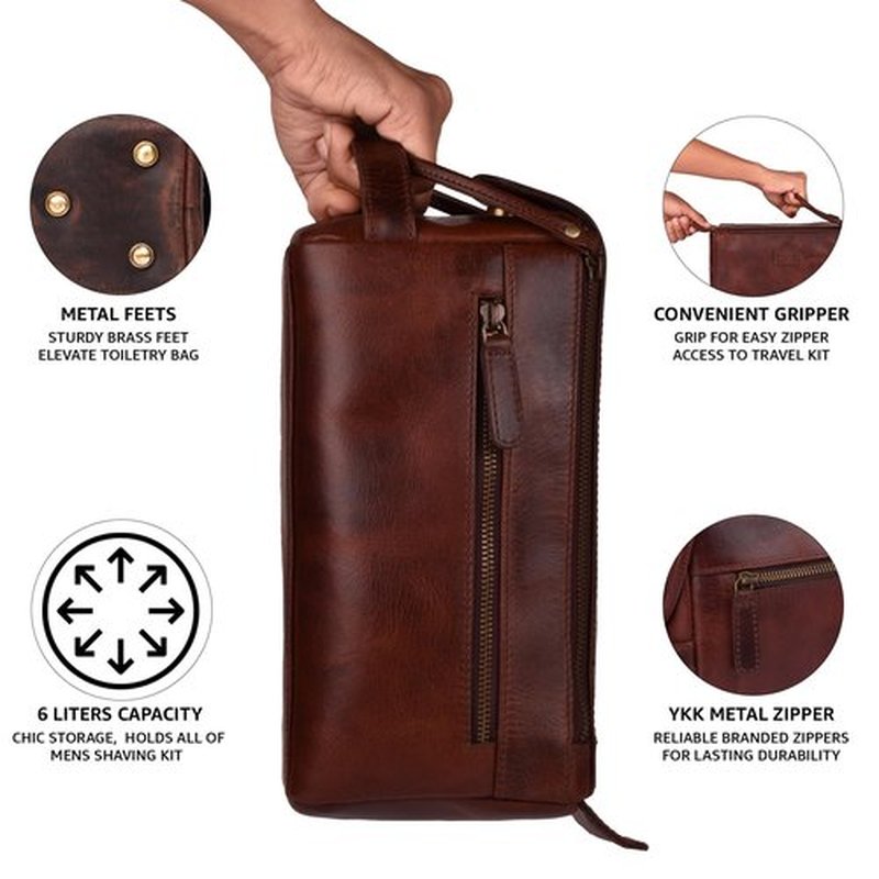 LEATHER VILLAGE Premium Leather Travel Toiletry Bag - Unisex Water-Resistant Travel Dopp Kit, Shaving & Cosmetic Organizer for Men & Women - Compact Bathroom Essentials - Cherry Brown