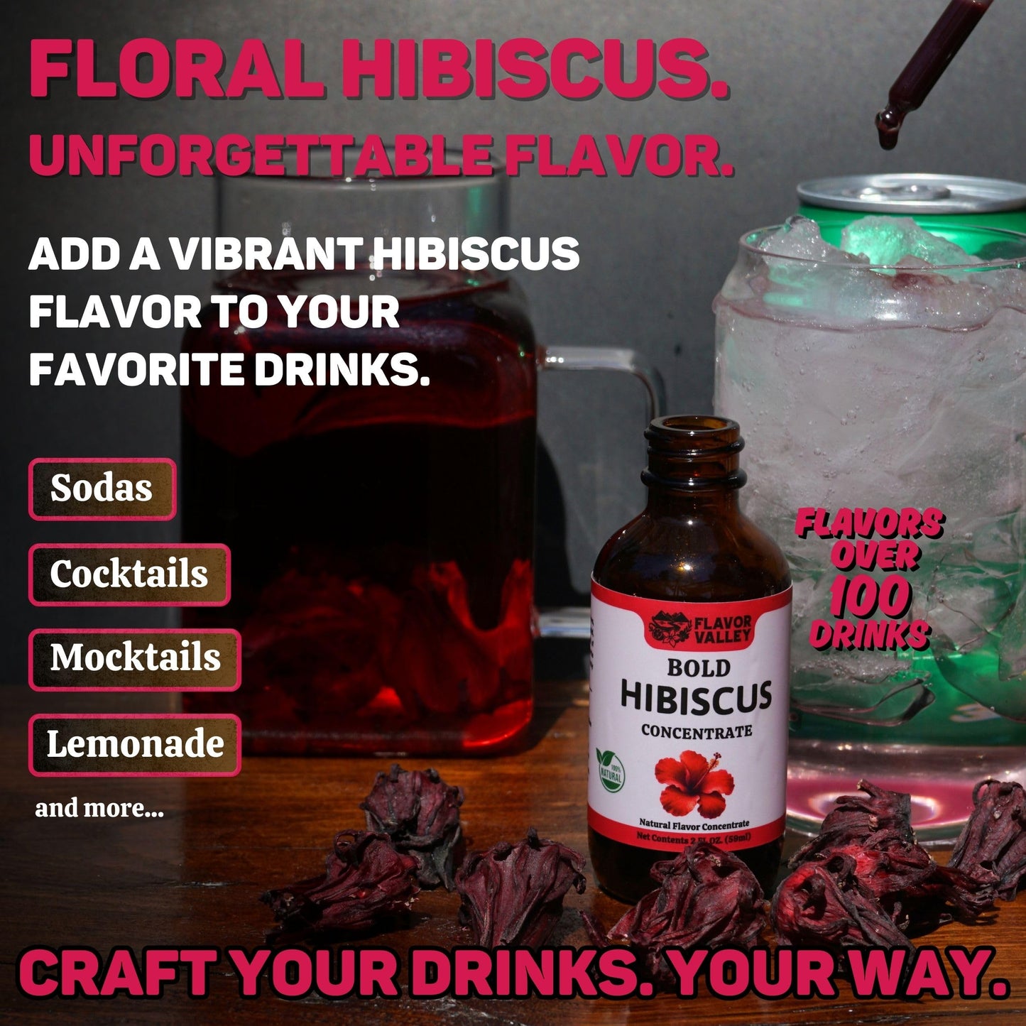 FLAVOR VALLEY Hibiscus Concentrate | Flavor Over 100 Sodas, Cocktails, Mocktails | Vibrant and Floral | Non GMO | Unsweetened – Just Pure Flavor