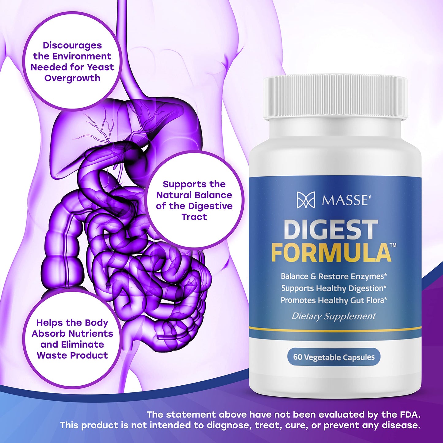 MASSE' Digest Formula Supplement Enzyme Boost Capsules - Advanced Formula for Digestive Health & Gut Flora Support - Natural Organic Enzyme Supplement for Digestive Care and Overgrowth- 60 Count