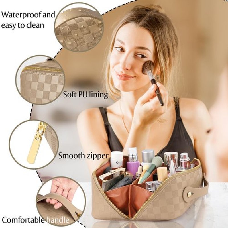 ALEXTINA Large Capacity Travel Cosmetic Bag - Portable Makeup Bags for Women Waterproof PU Leather Checkered Makeup Organizer Bag with Dividers and Handle,Toiletry Bag for Cosmetics, Khaki