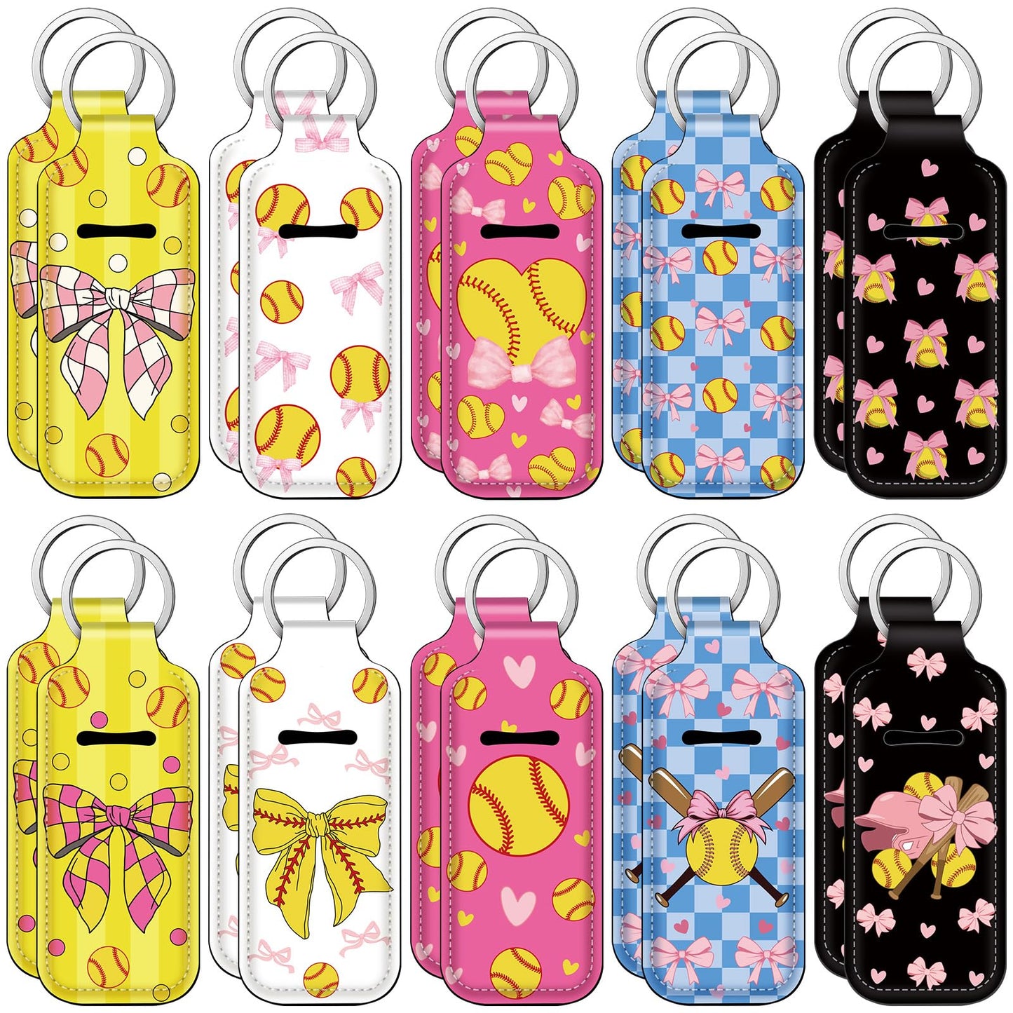 Ctosree 20 Pcs Coquette Softball Party Favors Lipstick Holder Keychains Bulk Softball Bow Lip Balm Holder Keychain Sport Ball Team Gifts Bulk for Sports Team Fans Birthday Party Supplies