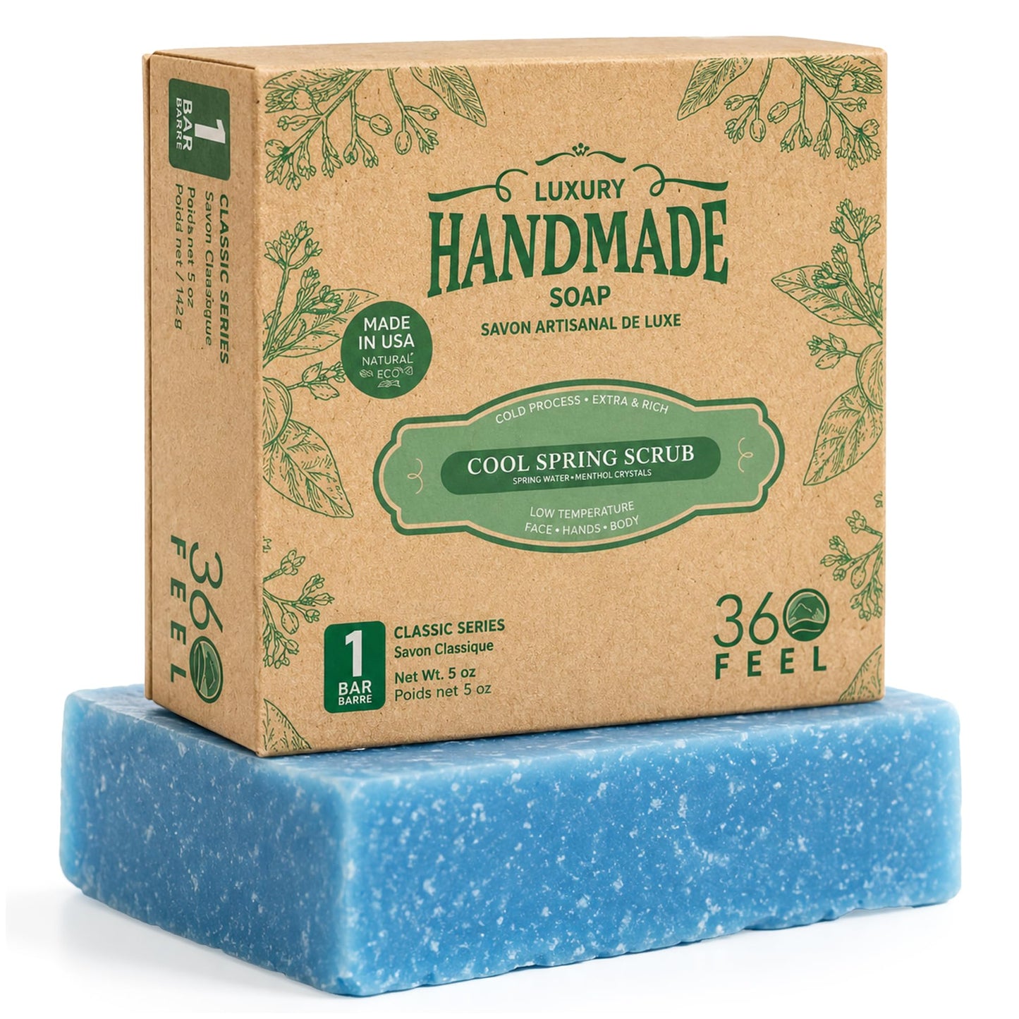 360Feel Cool Spring Scrub Soap - Made in The USA - Castile Handmade, All-Natural, Cold-Processed - Infused with Essential Oils for Gentle Exfoliation & Rich Lather - 5 oz