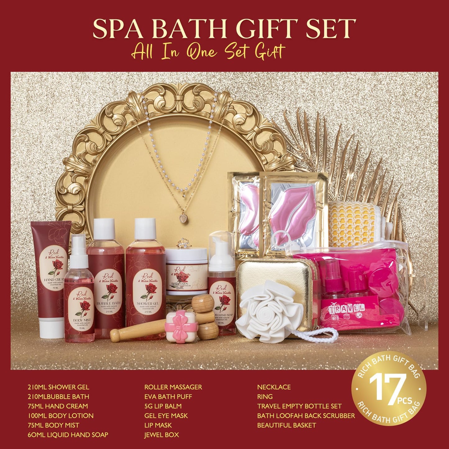 Vanilla Rose Beauty Skin Care Kit, 23Pcs Spa Bath and Body Gift for Women