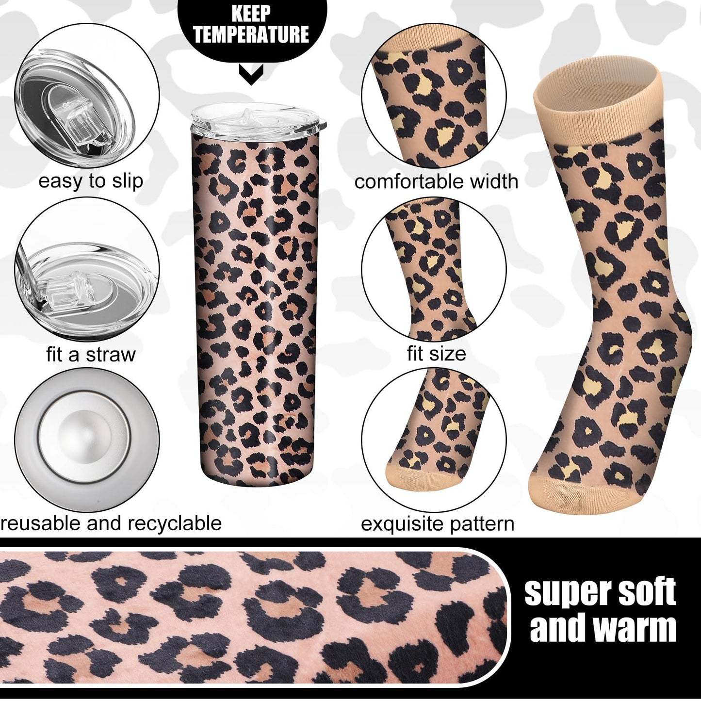 Yaomiao 5 Pcs Leopard Gift Stuff Set for Girl Women Cheetah Print Blanket 20 oz Leopard Stainless Tumbler Cheetah Tote Bag Bracelet Keychain and Socks, Party Gifts Supplies