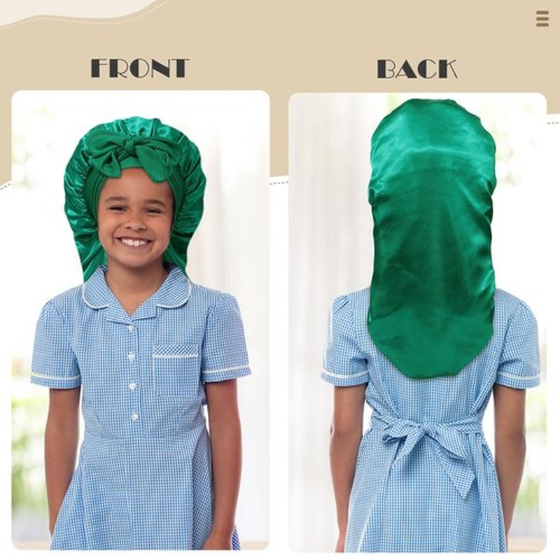 Kids Long Hair Bonnet for Sleeping - Double Layer Girls Elastic Satin Bonnet with Tie Band for Braid Curly Hair (Green)