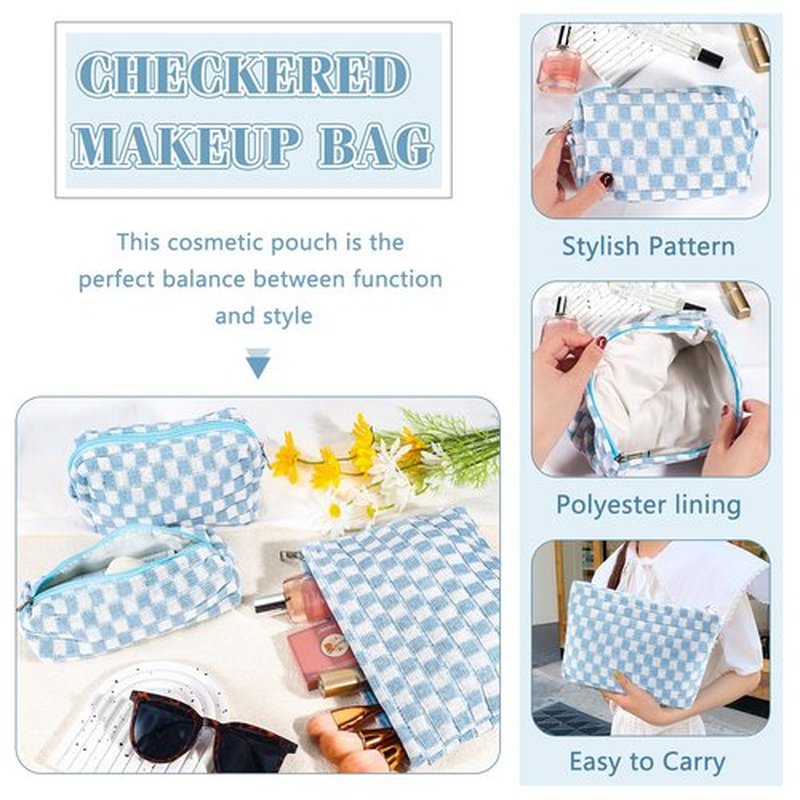 ZLFSRQ 3Pcs Checkered Makeup Bag for Women Large Cosmetic Bag Set Travel Toiletry Bag Makeup Pouch Bag for Purse Blue Zipper Storage Bag Organizer Cute Small Aesthetic Girls Car Essentials Bag