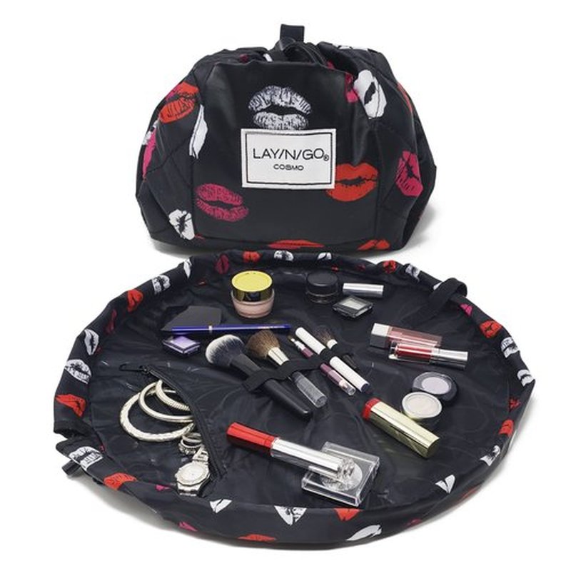 Lay-n-Go Cosmo Drawstring Cosmetic & Makeup Bag Organizer - Portable Drawstring Makeup Bag w/Zipper Pocket, Makeup Loops & More - Durable, Machine Washable Makeup Bag for Travel (20”, Lips/Black)
