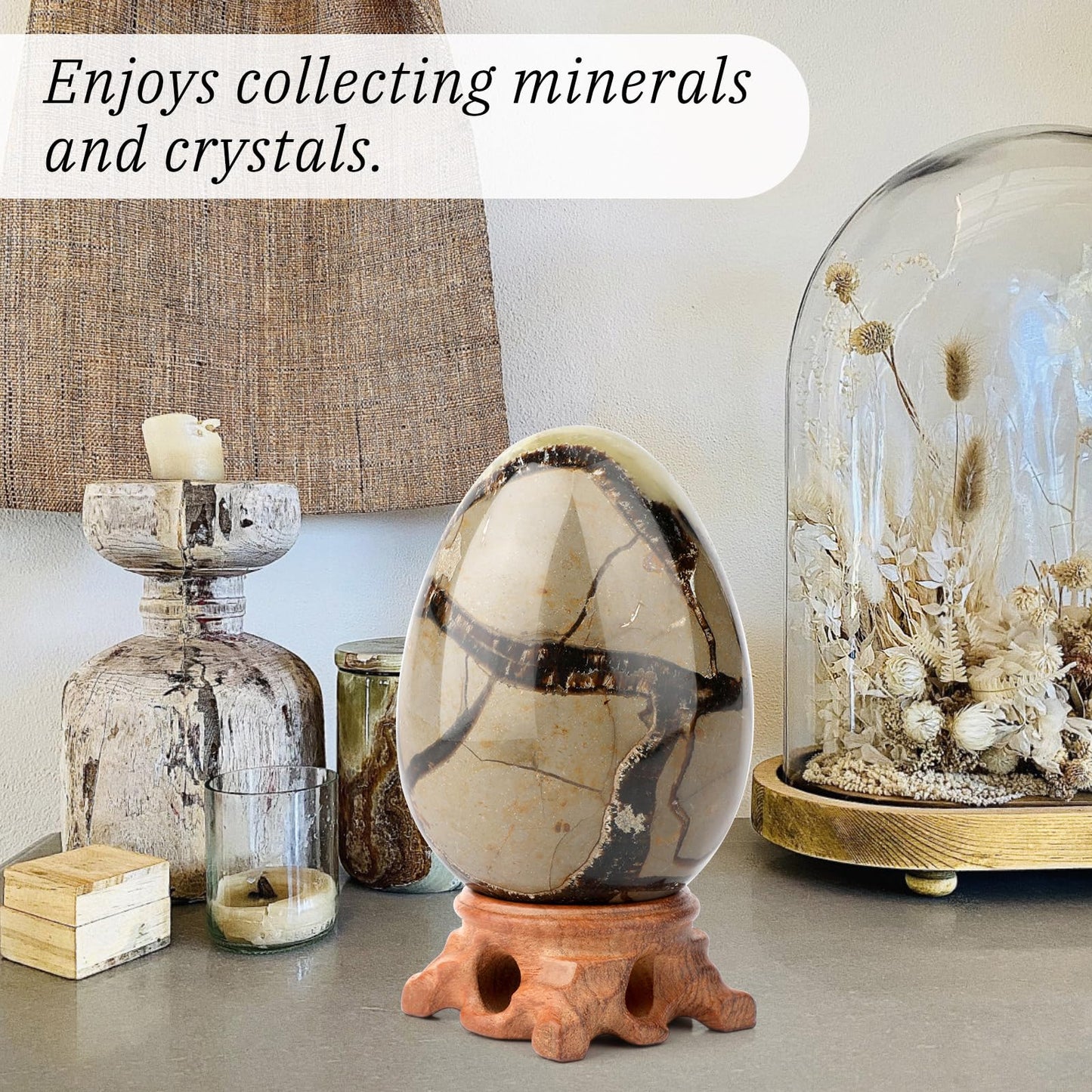 gemshan Big Stone Egg Figurine, Polished Healing Crystal 3.6inch Easter Eggs Sphere Sculpture with Wood Stand (Brown)
