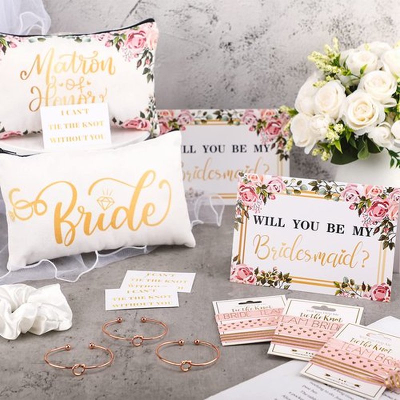 63 Pcs Bridesmaid Proposal Gifts Bulk Maid of Honor Gifts Matron of Honor Gifts Brides Bridesmaid Cosmetic Makeup Bag Hair Knotted Bracelets Invitation Cards for Wedding Bachelorette (Flower Style)