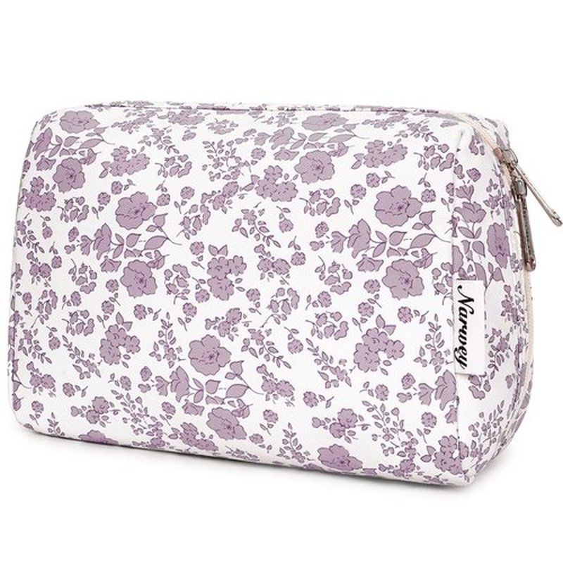 Narwey Cute Floral Makeup Bag Travel Cosmetic Bag Organizer Toiletry Bag Make Up Bags with Organized Pocket for Women (Large, Little Dusty Pink Flower)