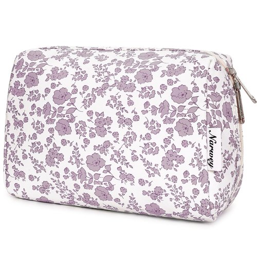 Narwey Cute Floral Makeup Bag Travel Cosmetic Bag Organizer Toiletry Bag Make Up Bags with Organized Pocket for Women (Large, Little Dusty Pink Flower)