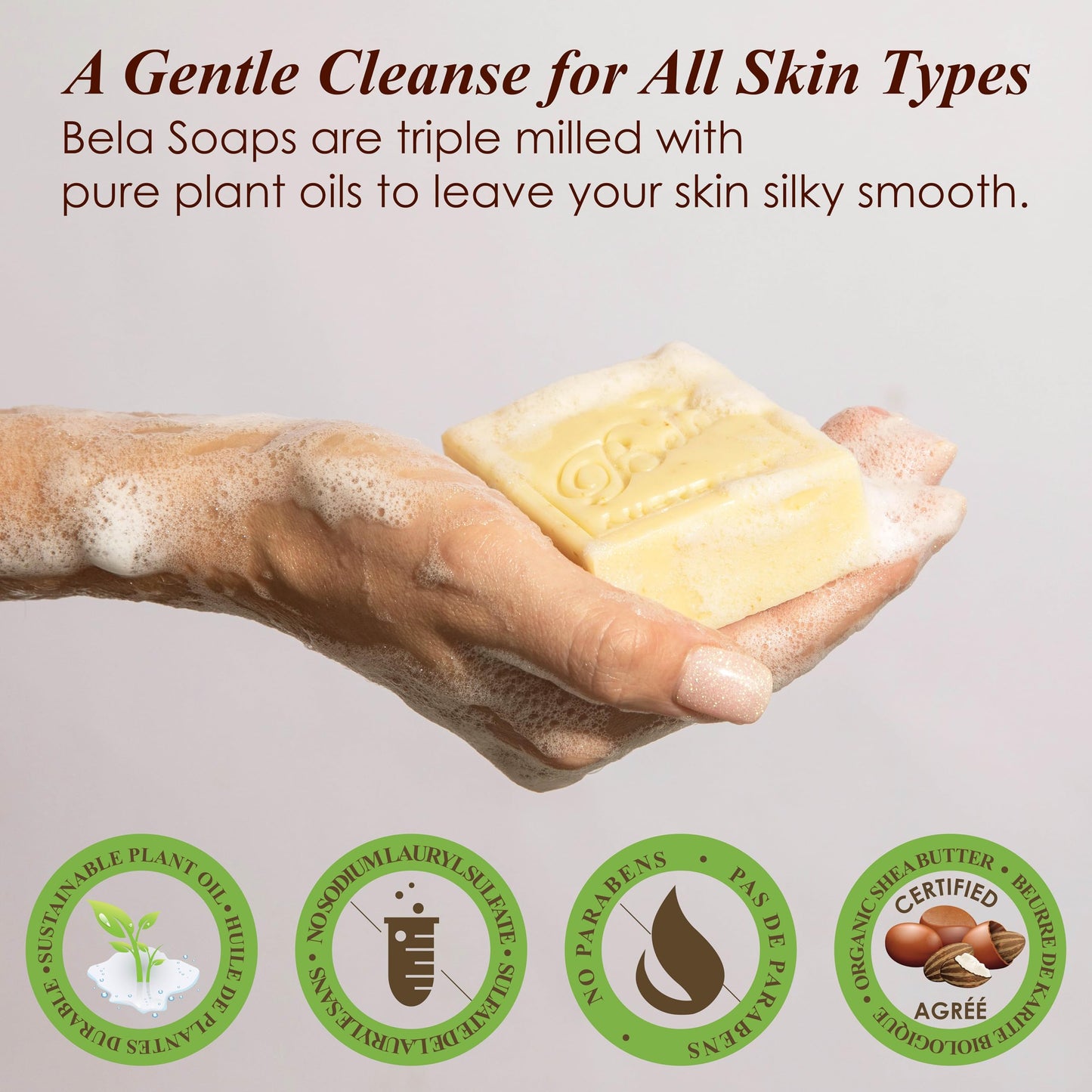 BELA Almond Soap 3.3 oz Pack of 6, French Triple Milled with Organic Shea Butter, Hand Face and Body Wash Bar Made in Australia