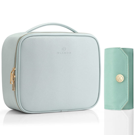 Vlando 2 Pack Blue Makeup Bag and Green Jewelry Roll Bag