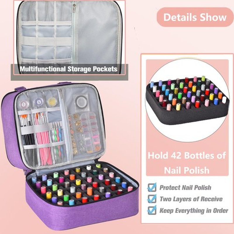 FCQQYWZ Nail Polish Organizer Case - Holds 42+ Bottles (15ml/0.5 fl.oz) and 1 Nail Lamp, Upgraded Double-layer Nail Polish Carrying Case Nail Polish Storage Bag with Handles (Purple)