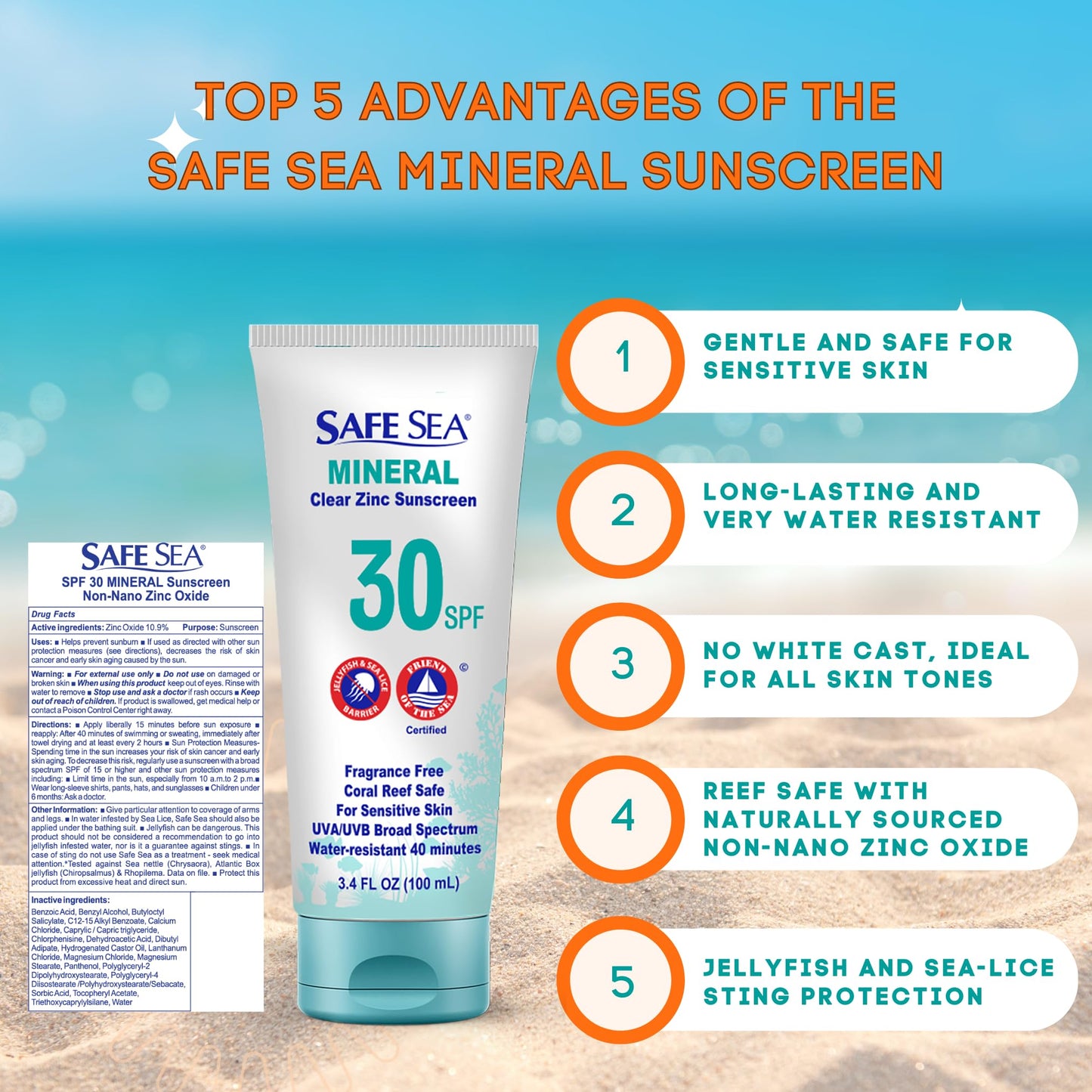 Safe Sea Zinc Oxide Sunscreen SPF30 | Clear Mineral Face And Body Reef Safe Sunscreen Without White Cast | Anti-Jellyfish Sting Protective Lotion | 3.4Oz (100ml) (3 Pack)