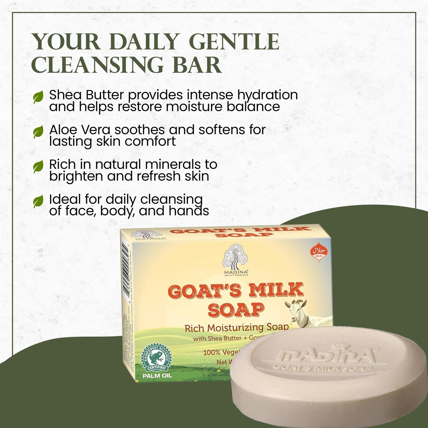 Madina Goat Milk Soap Bar – Hydrating, Moisturizing, Nourishing, Natural Vegetable-Based, Gentle Cleanser for All Skin Types, RSPO & Halal, 6 Pack (3.5 oz Each)