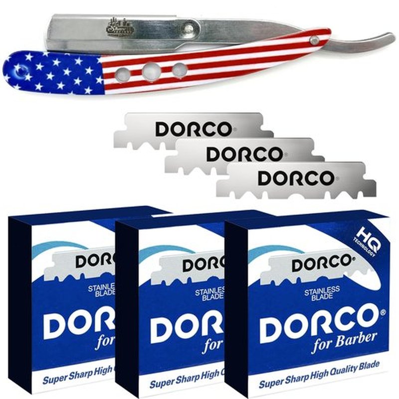The Shave Factory Straight Edge Razor Kit (USA / 300 Dorco Single Edge Razor Blades Blue)