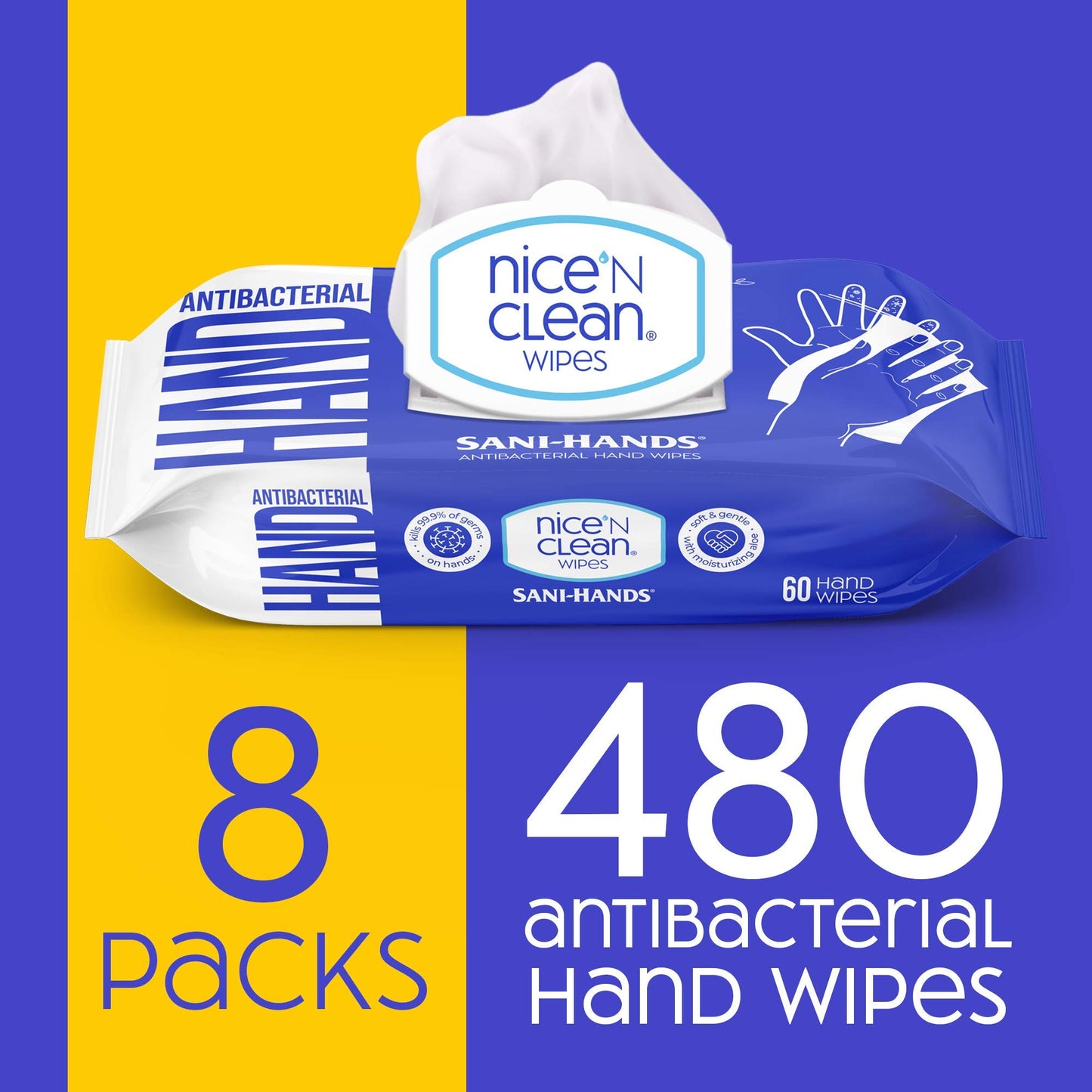 Nice 'N Clean Sensitive Skin Wet Hand Wipes Infused with Aloe, Blue, 60 Count, Pack of 8