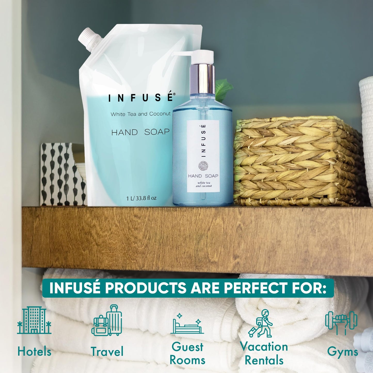 INFUS 1 Liter Hand Wash Refill Bag for Soap Dispensers | Bulk Toiletries for Vacation Rentals and Home Bathroom Showers | White Tea and Coconut | Single