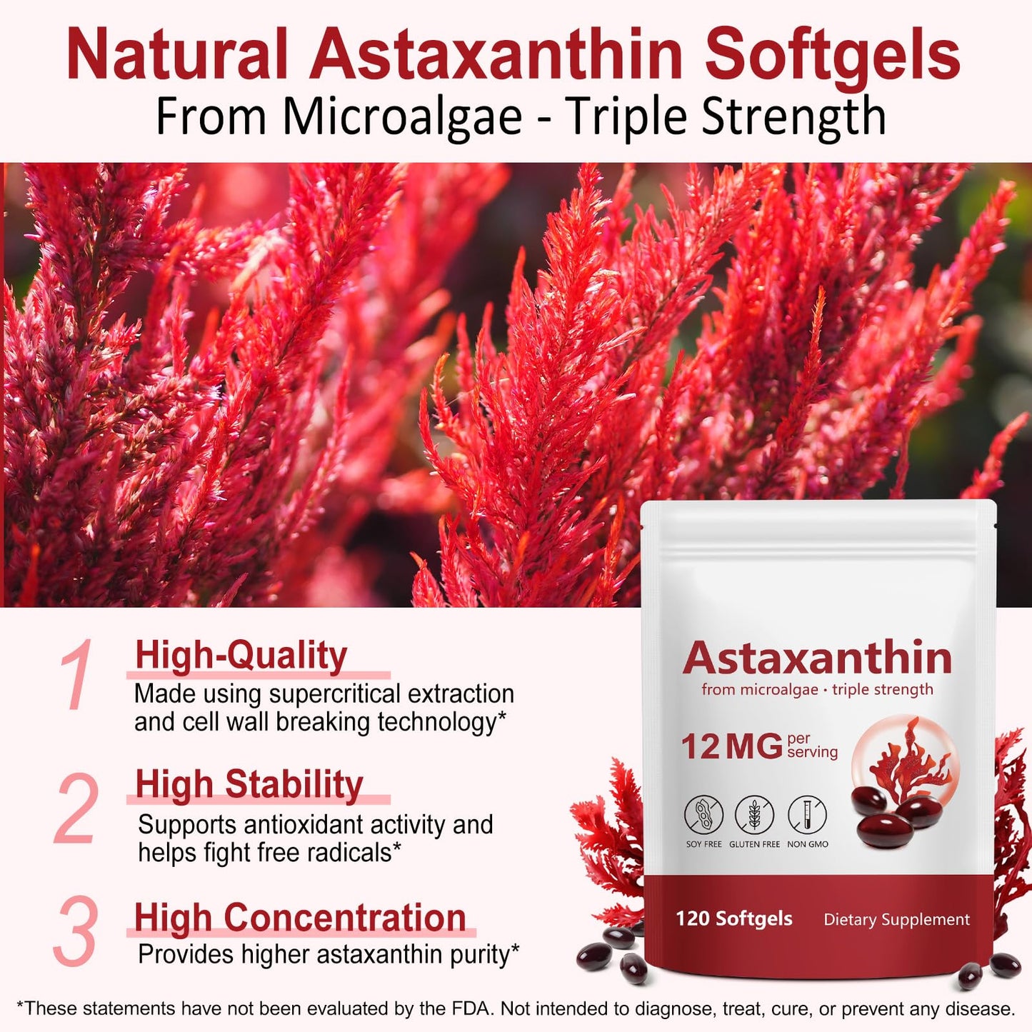 ZIXBMHYJ Astaxanthin 12mg, Natural Astaxanthin Supplement, Supports Eye, Skin, Joint, Brain, Heart & Immune System Health, Non-GMO, Gluten Free 120 Count