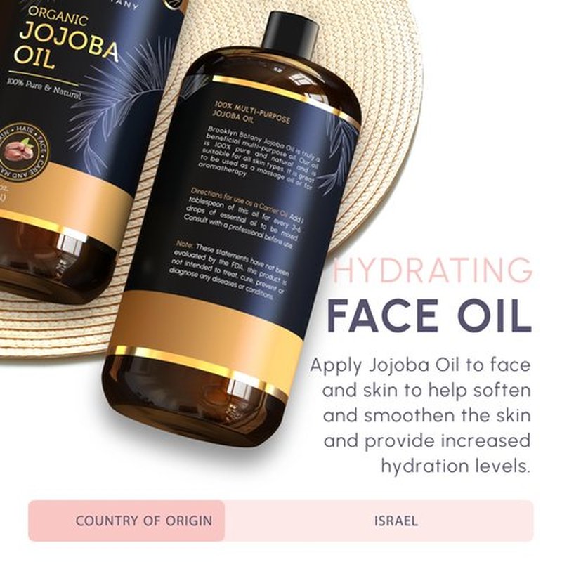 Brooklyn Botany USDA Organic Jojoba Oil for Skin, Hair and Face – 100% Pure and Natural Body Oil and Hair Oil - Carrier Oil for Essential Oils, Aromatherapy and Massage Oil – 28 fl Oz