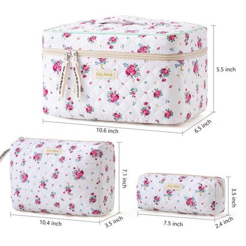HBselect Quilted Makeup Bag, 3PCS Cotton Large Travel Makeup Bag, Cute Floral Coquette Make up Bag Cosmetic Bag Toiletry Bag for Women Girls