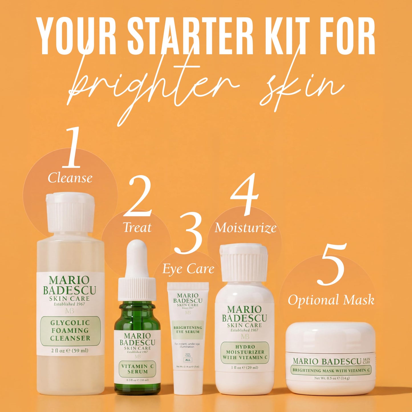 Mario Badescu Good Skin Is Forever & Bright 5-Piece Skincare Set – Glycolic Cleanser, Vitamin C Serum, Hydro Moisturizer, Brightening Mask & Eye Serum for Radiance
