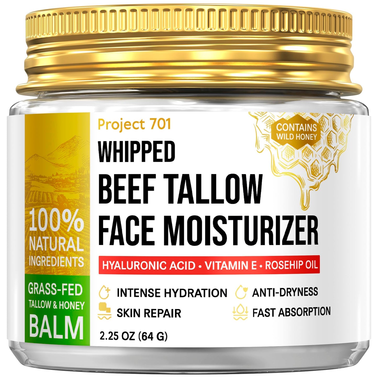 Beef Tallow for Skin and Face - Grass Fed Tallow and Honey Balm, All Natural Skin Care Moisturizer with Hyaluronic Acid - Day & Night Beef Tallow Face Cream for Dry, Sensitive Skin, Glass Jar 2.25 oz