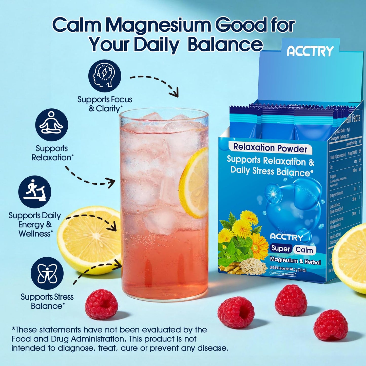 Acctry Super Calm,Cortisol Reducer,Magnesium Complex(Glycinate, Malate & Taurate) for Women and Men,Ashwagandha Root Extract,Lemon Balm, Vitamin D3 & Zinc,No Sugar,30 Servings,Raspberry Lemonade