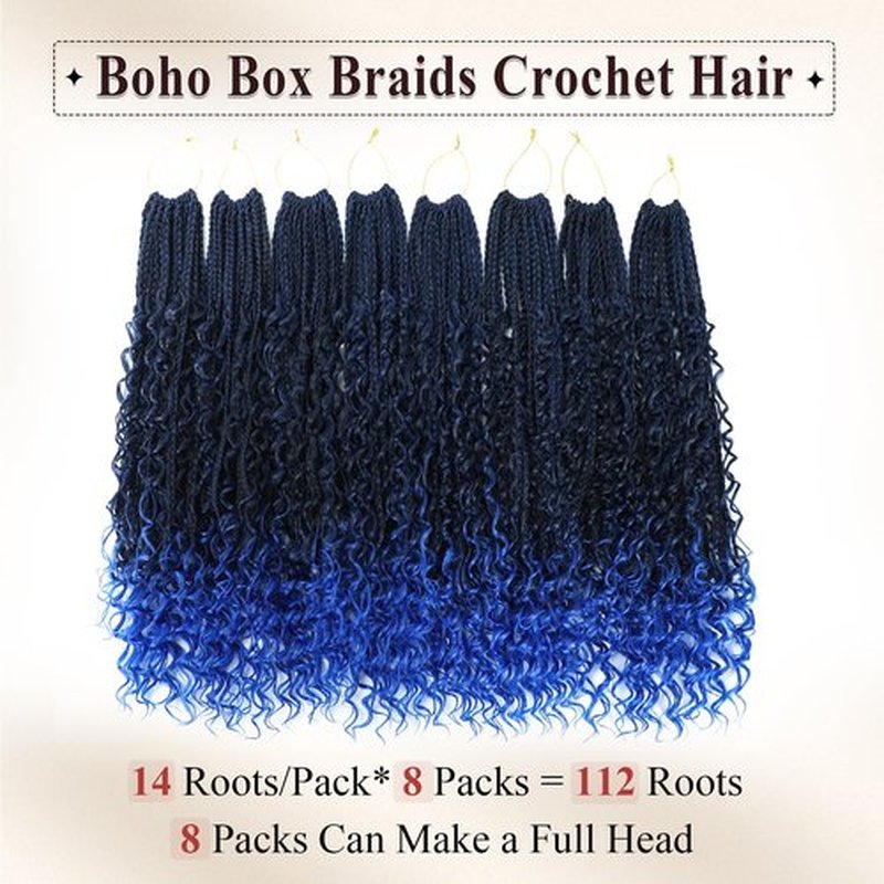 Boho Box Braids Crochet Hair 8 Packs Boho Crochet Braids Pre Looped 1B/Blue Goddess Box Braids Crochet Hair for Black Women 18 Inch Boho Braids Crochet Hair Extension