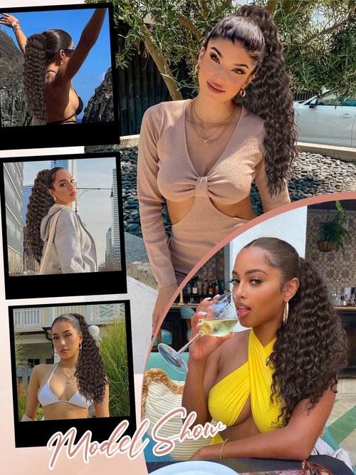 SUZYACCKR Wavy Curly Ponytail Extension, Dark Brown Short Soft Natural Synthetic Hairpiece Thick Drawstring Ponytail for Black Women For Daily Use（22 inch）