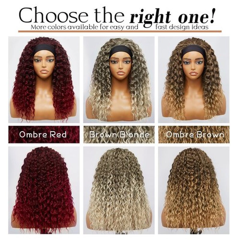 cuiud Ombre Brown Headband Wigs Water Wave 20 Inch Brown Curly Headband Wigs for Black Women Synthetic Glueless Half Wig Curly Wave Wig None Lace Front Wig （Ombre Brown）
