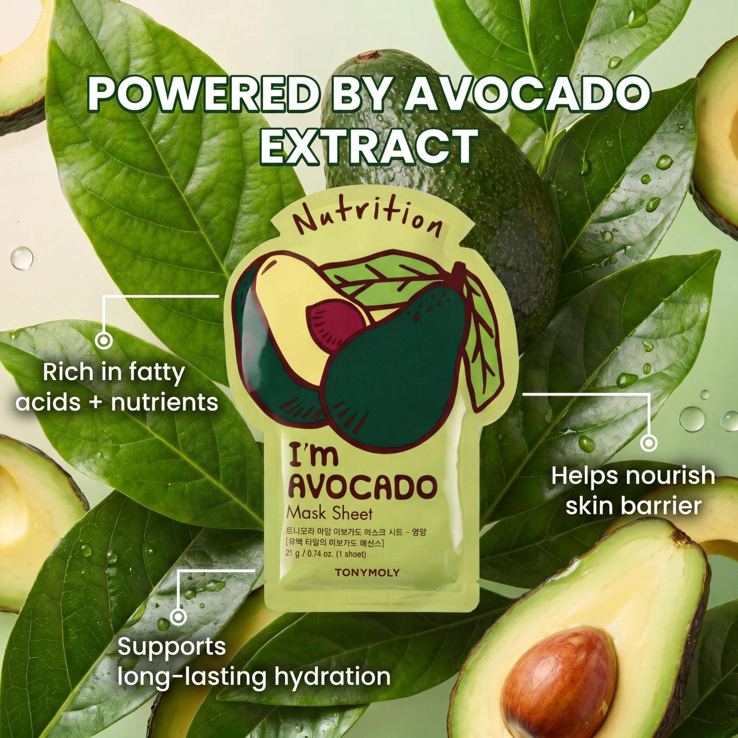 TONYMOLY I’m Avocado Sheet Mask – Nourishing Korean Face Mask with Avocado Extract for Hydration, Moisturizing & Soothing Skincare