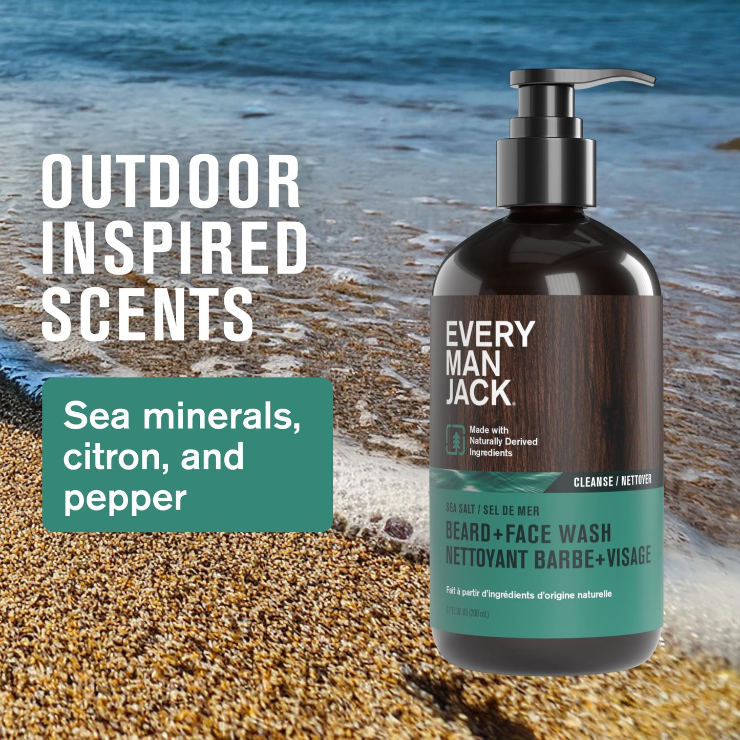 Every Man Jack Beard + Face Wash - Sea Salt Scent - Gently cleanse skin and soften beard - Made with Glycerin and Aloe - 6.7 fl. oz (2 Pack)