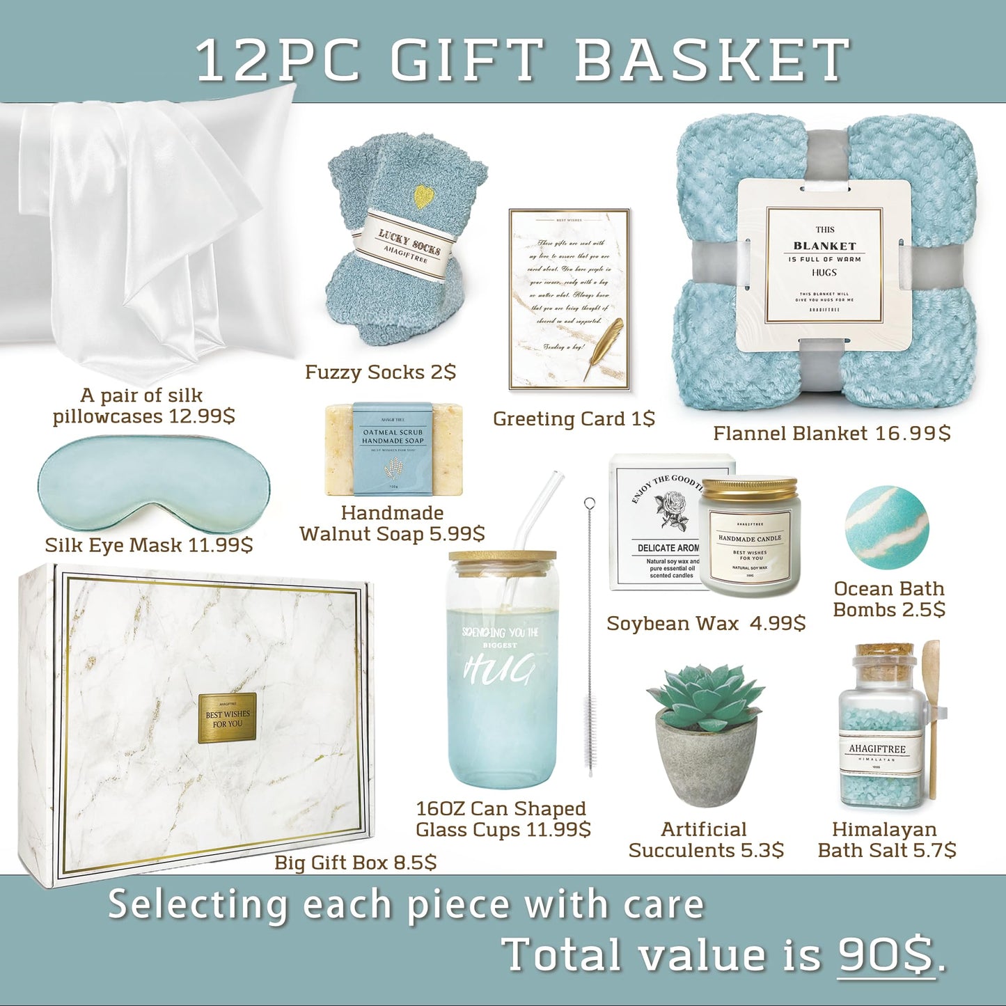 AHAGIFTREE Mother's Day Birthday Gifts Get Well Soon Gift Baskets For Women,12PC Get Well Gifts for Women After Surgery,Care Package,Grief,Sympathy Gifts,Condolences Gift Basket (cerulean)