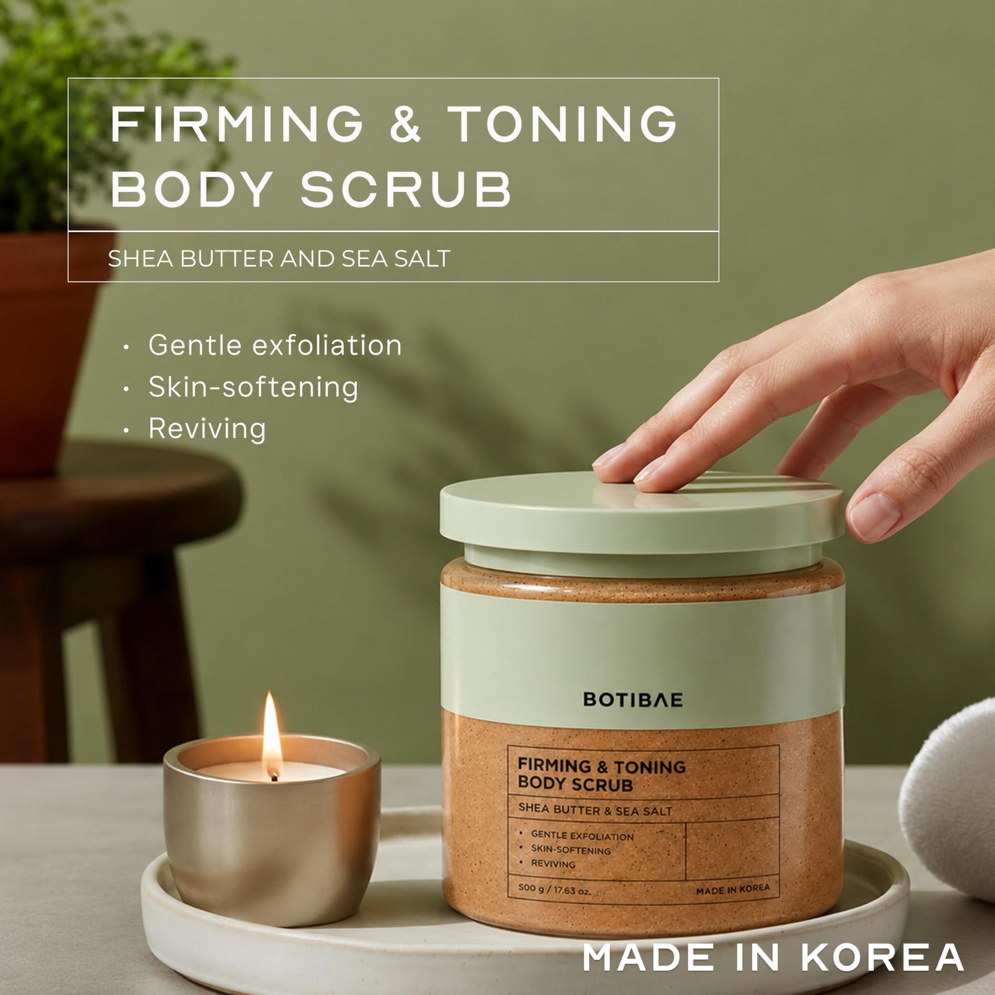 Botibae Shea Butter & Sea Salt Body Scrub – Dermatologist Tested, Korean Skin Care – Gentle Exfoliation, Removes Dead Dry Skin for Smooth And Hydrated Feel – Vegan, Clean Beauty – 17 Fl Oz