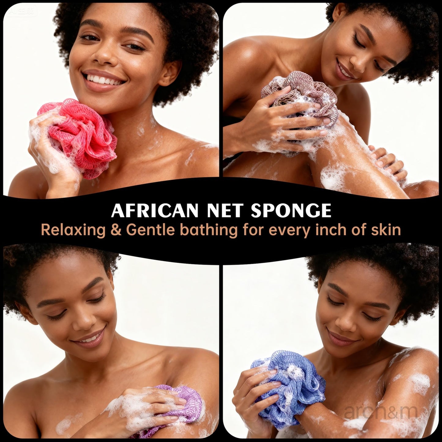 ARCH&M African Net Sponge 2 Pack – Authentic Exfoliating Bath & Shower Loofah Sponge, 53" Extra-Long Back and Body Scrubber for Women and Men, Gentle on Sensitive Skin, Everyday Body Care Spa Gift Set