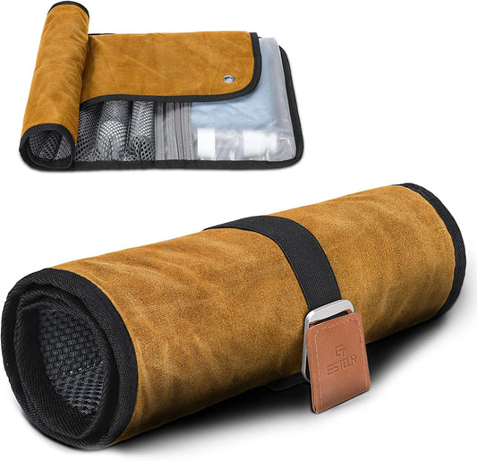 Toiletry Bag for Men, Travel Essentials Travel Toiletry Bag, Water-Resistant Compact Bathroom Roll Organizer for Hygiene, Shaving kit, Valentines Day Gifts for Him (2.Khaki Yellow (Waxed Canvas))