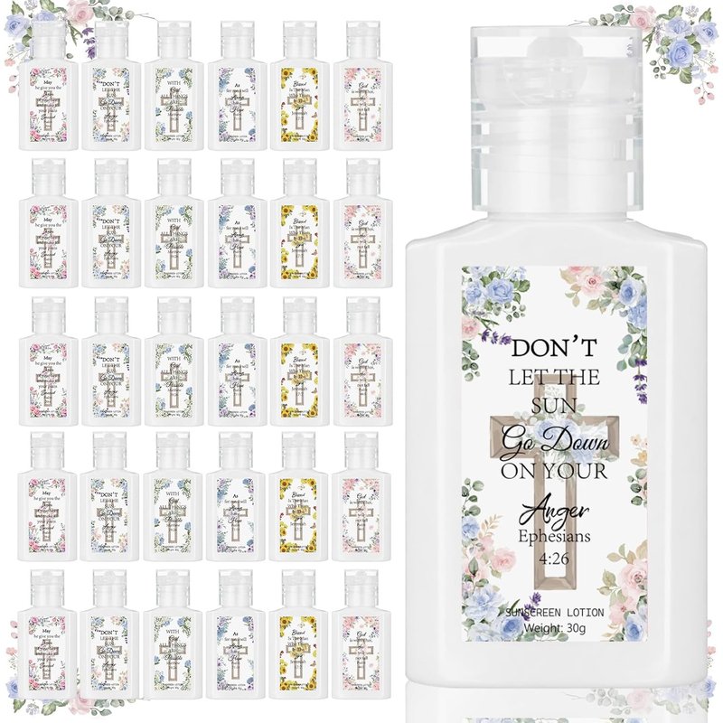 Christian Party Favors - 30 Pcs Mini Sunscreen with Inspiring Flower Cross Bible Verse | Travel Size 1 oz SPF 30 for First Communion & Baptism