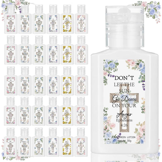 Christian Party Favors - 30 Pcs Mini Sunscreen with Inspiring Flower Cross Bible Verse | Travel Size 1 oz SPF 30 for First Communion & Baptism