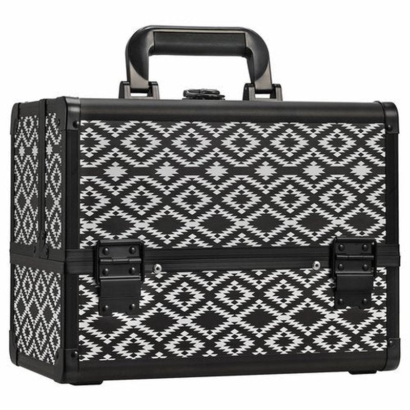 Joligrace Makeup Train Case Organizer Box Professional Multi-Purpose Cosmetic Storage with Sliding Trays, Polish Slots & Mirror, Portable Lockable with Keys, Geometric