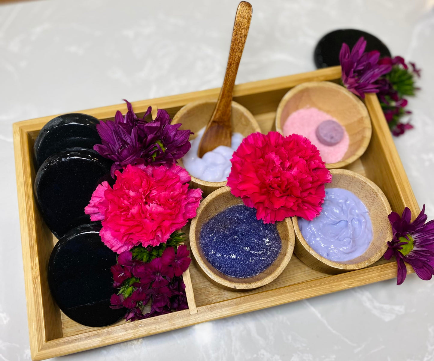 Pedicure Spa Tray, Bamboo Tray Set includes 4 bamboo bowls, bamboo spoon, Bamboo Spa Tray: 10 x 6 x 1.3 inches