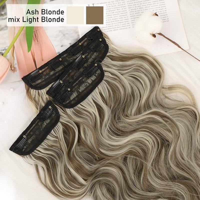 QGZ Clip in Hair Extensions for Women 4 PCS Set of Thick, Synthetic Long Wavy Hairpieces 20 Inch Ash Blonde mix Light Blonde