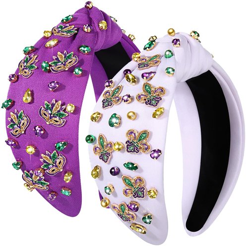 CEALXHENY Mardi Gras Headband, 2PCS Purple Fleur De Lis Mask Headband with Pearl, Rhinestone, Carnival Mardi Gras Accessories Outfits Parade Party Favors Gifts