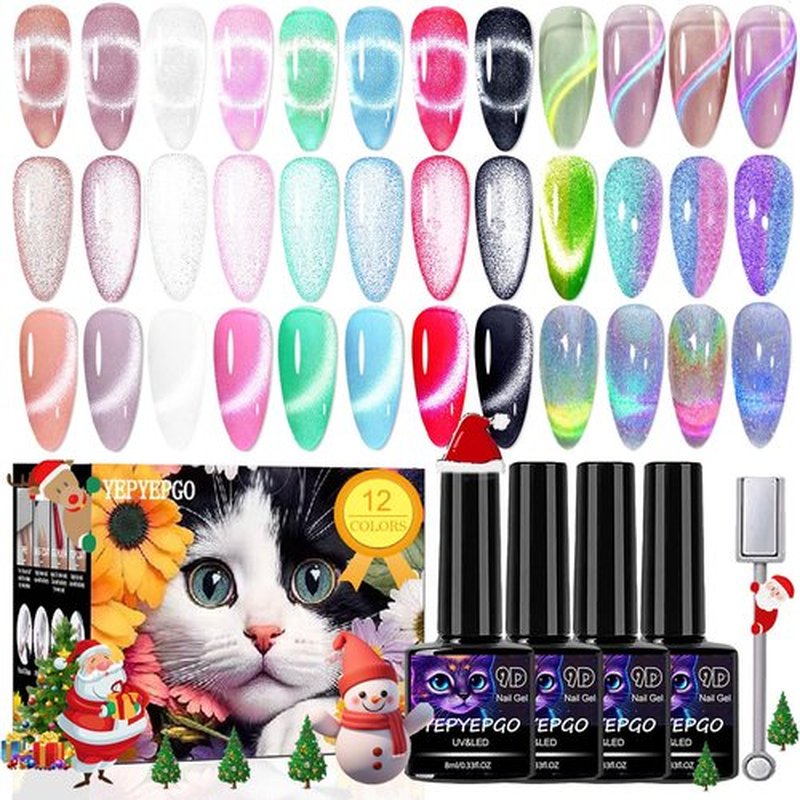 YEPYEPGO Magnetic Cat Eye Gel Nail Polish Set, 12 Colors Jelly Cat Eye Gel Polish with Magnet, 9D Cateye Gel Holographic Effects Professional Use for Salon- Set