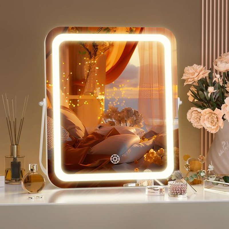 Hasipu Vanity Mirror with Lights, 10" x 12" LED Makeup Mirror, 3 Modes Light, Smart Touch Control Dimmable, 360°Rotation, Rectangle White Frame