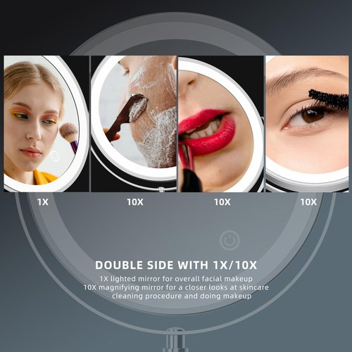 Rocollos Two-Fingers-Width Narrow Base Rechargeable Wall Mounted Lighted Makeup Mirror,3 Color Lights Dimmable Touch Screen,8 Inch LED Double Sided 1X/10X Mirror (Polishing Chrome)