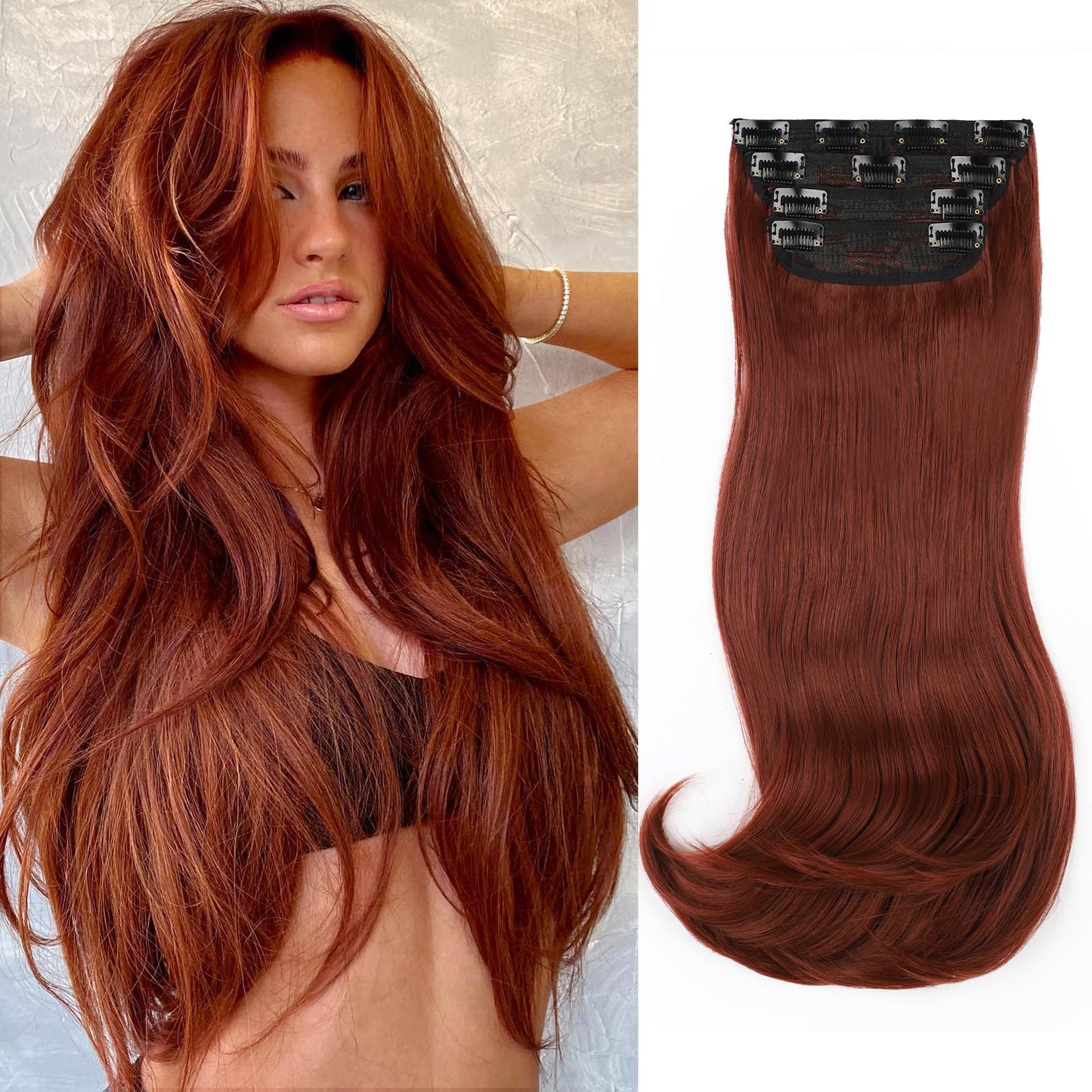 FREEMEIGE Copper Red Hair Extensions Clip in Hair Extensions for Women Straight Layered Hair Extensions Synthetic Clip in Extensions Long Wavy Extension Daily Use 20 Inch