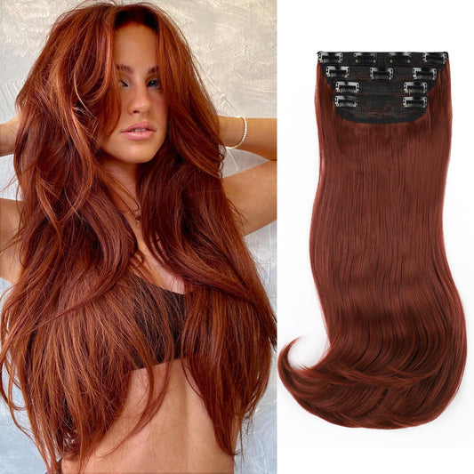 FREEMEIGE Copper Red Hair Extensions Clip in Hair Extensions for Women Straight Layered Hair Extensions Synthetic Clip in Extensions Long Wavy Extension Daily Use 20 Inch